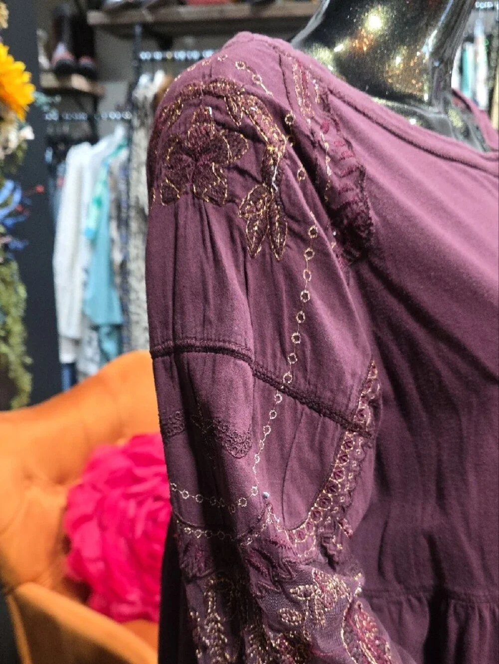 Free People Maroon Embroidered Peplum Long-Sleeve Top